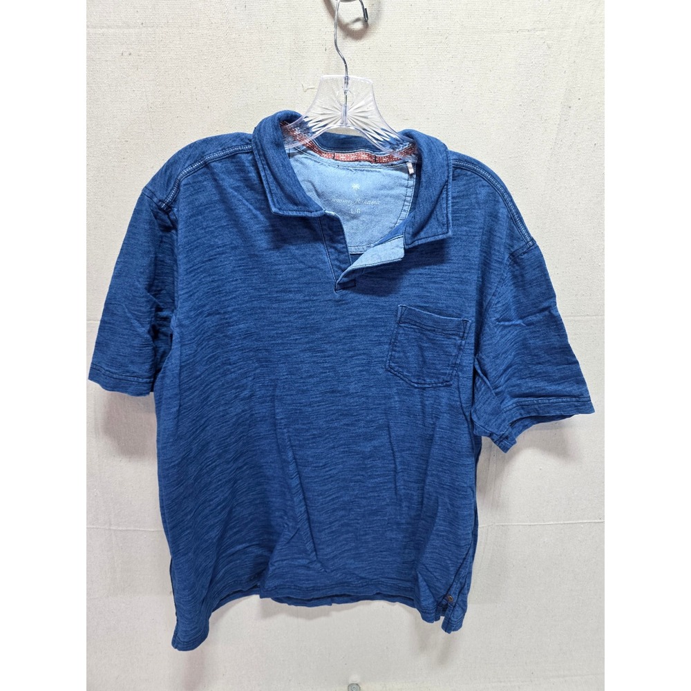 Tommy Bahama Mens Large Blue Slub Knit Cotton Short Sleeve Pocket Polo Shirt